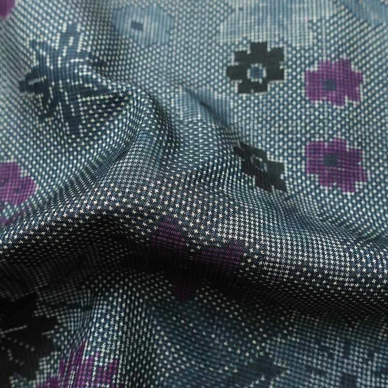 紬 しつけ糸付き 正絹 花柄 袷仕立て 身丈154cm 裄丈65.5cm リサイクル着物 着物 青・紺_画像19