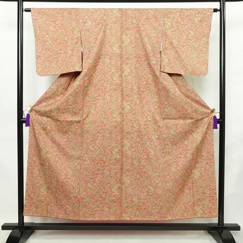 小紋 正絹 古典柄 袷仕立て 身丈153.5cm 裄丈62.5cm リサイクル着物 一部しつけ糸付き 着物 赤・朱_画像1