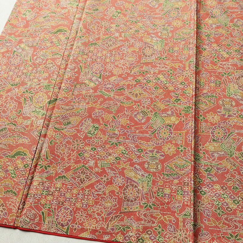 小紋 正絹 古典柄 袷仕立て 身丈153.5cm 裄丈62.5cm リサイクル着物 一部しつけ糸付き 着物 赤・朱_画像4