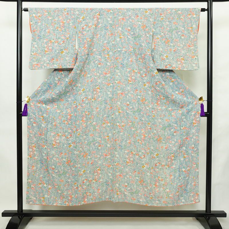 小紋 縮緬 総柄 正絹 花柄 袷仕立て 身丈149.5cm 裄丈63cm リサイクル着物 着物 青・紺_画像1