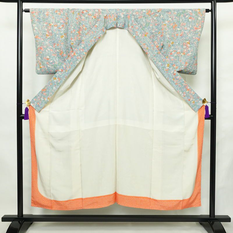 小紋 縮緬 総柄 正絹 花柄 袷仕立て 身丈149.5cm 裄丈63cm リサイクル着物 着物 青・紺_画像3