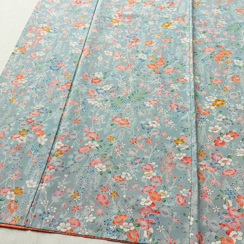 小紋 縮緬 総柄 正絹 花柄 袷仕立て 身丈149.5cm 裄丈63cm リサイクル着物 着物 青・紺_画像4