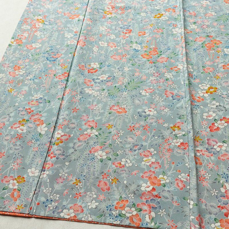 小紋 縮緬 総柄 正絹 花柄 袷仕立て 身丈149.5cm 裄丈63cm リサイクル着物 着物 青・紺_画像5