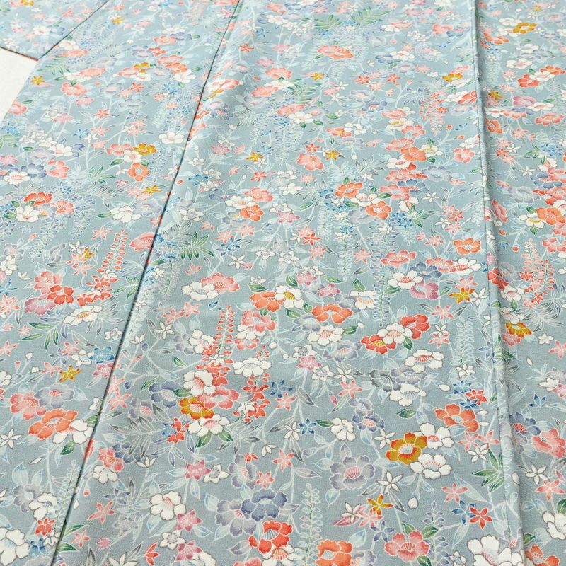 小紋 縮緬 総柄 正絹 花柄 袷仕立て 身丈149.5cm 裄丈63cm リサイクル着物 着物 青・紺_画像6