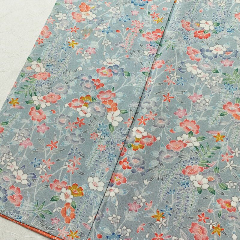 小紋 縮緬 総柄 正絹 花柄 袷仕立て 身丈149.5cm 裄丈63cm リサイクル着物 着物 青・紺_画像9