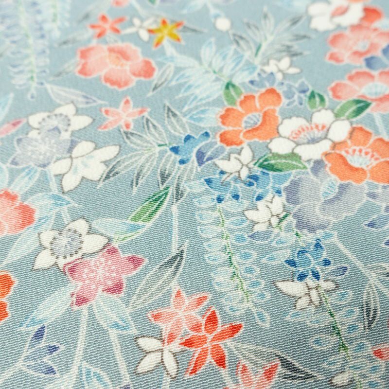 小紋 縮緬 総柄 正絹 花柄 袷仕立て 身丈149.5cm 裄丈63cm リサイクル着物 着物 青・紺_画像11