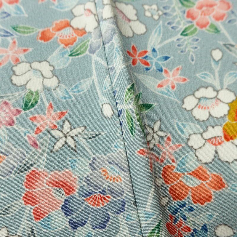 小紋 縮緬 総柄 正絹 花柄 袷仕立て 身丈149.5cm 裄丈63cm リサイクル着物 着物 青・紺_画像12