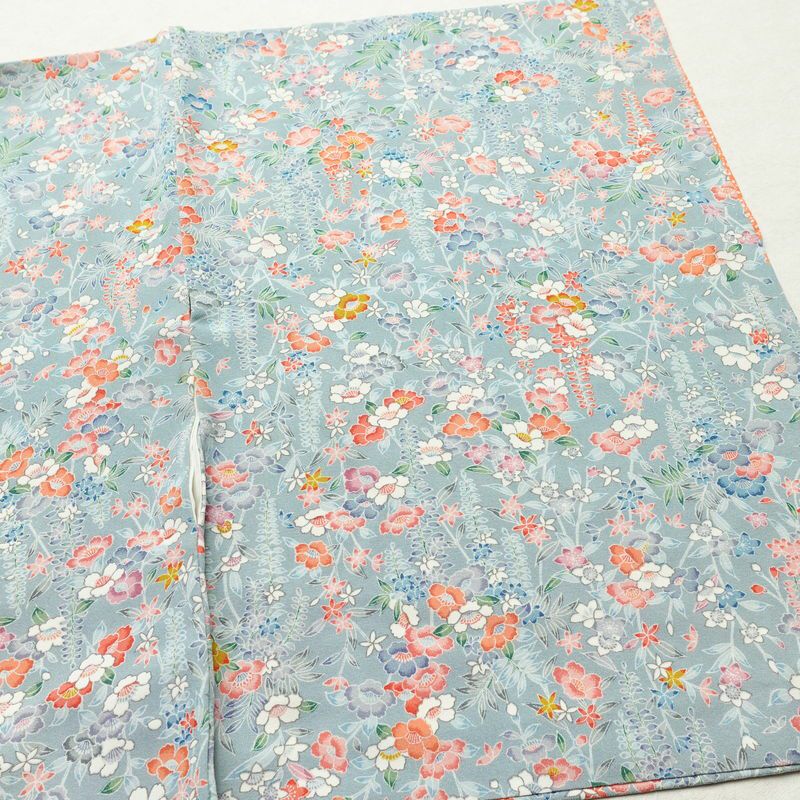小紋 縮緬 総柄 正絹 花柄 袷仕立て 身丈149.5cm 裄丈63cm リサイクル着物 着物 青・紺_画像14