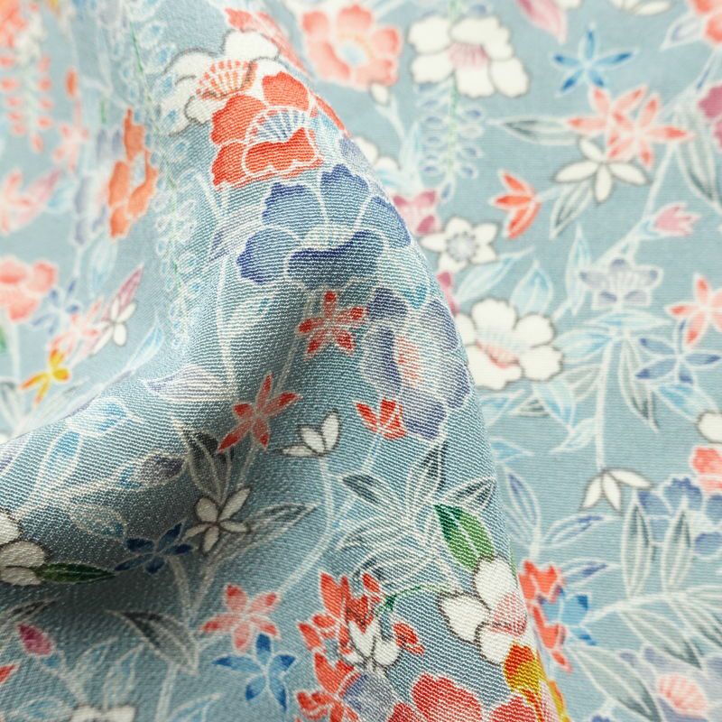 小紋 縮緬 総柄 正絹 花柄 袷仕立て 身丈149.5cm 裄丈63cm リサイクル着物 着物 青・紺_画像20