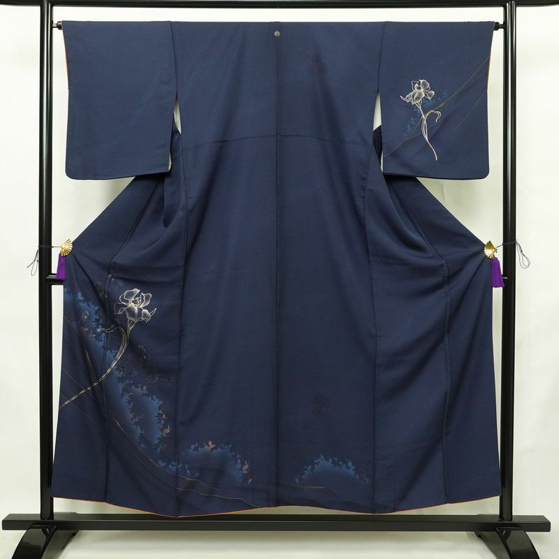 付け下げ 一つ紋付き 正絹 花柄 袷仕立て 身丈152.5cm 裄丈64.5cm リサイクル着物 着物 箔 金彩 フォーマル 青・紺_画像1