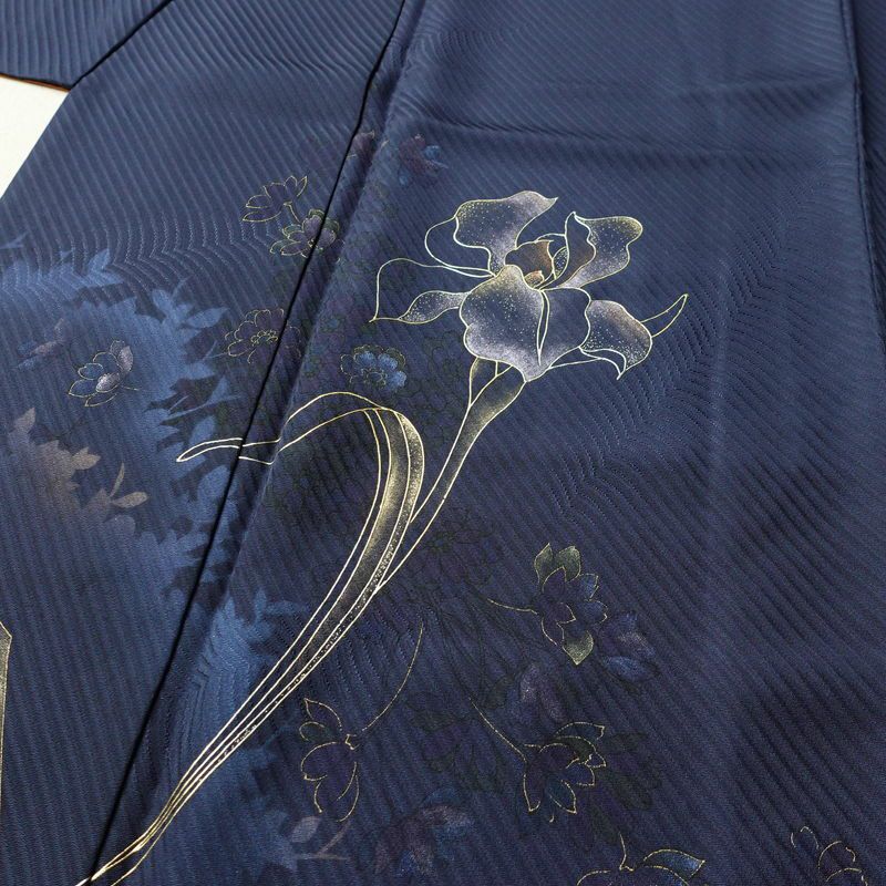 付け下げ 一つ紋付き 正絹 花柄 袷仕立て 身丈152.5cm 裄丈64.5cm リサイクル着物 着物 箔 金彩 フォーマル 青・紺_画像5