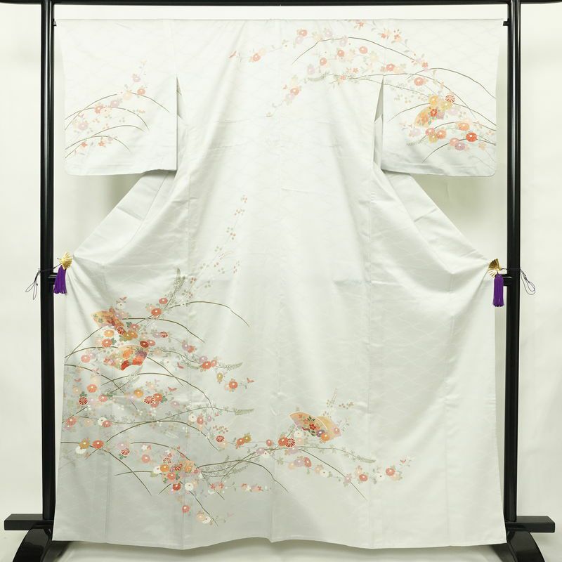 単衣 訪問着 ポリエステル 古典柄 単衣仕立て 身丈163cm 裄丈66.5cm リサイクル着物 着物 フォーマル グレー_画像1