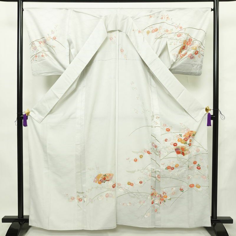 単衣 訪問着 ポリエステル 古典柄 単衣仕立て 身丈163cm 裄丈66.5cm リサイクル着物 着物 フォーマル グレー_画像3