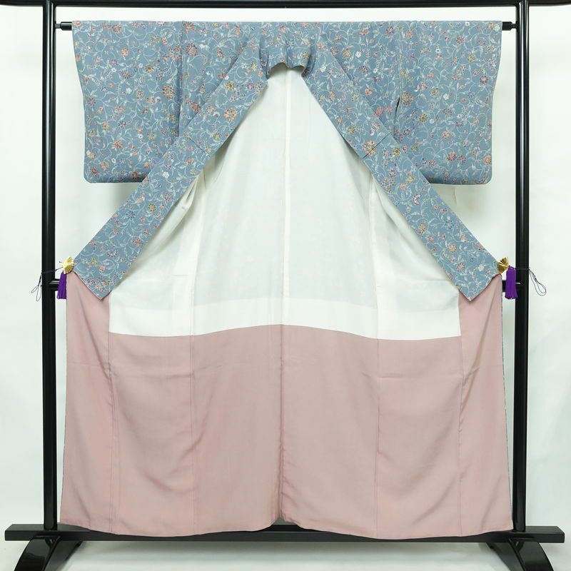 小紋 縮緬 総柄 正絹 花柄 袷仕立て 身丈156.5cm 裄丈63cm リサイクル着物 着物 くすみブルー 青・紺_画像3