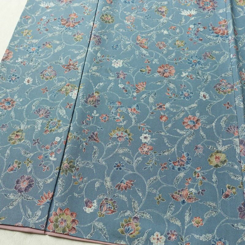 小紋 縮緬 総柄 正絹 花柄 袷仕立て 身丈156.5cm 裄丈63cm リサイクル着物 着物 くすみブルー 青・紺_画像4