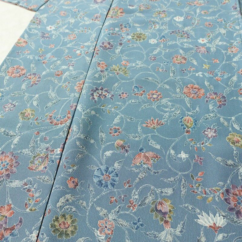 小紋 縮緬 総柄 正絹 花柄 袷仕立て 身丈156.5cm 裄丈63cm リサイクル着物 着物 くすみブルー 青・紺_画像5