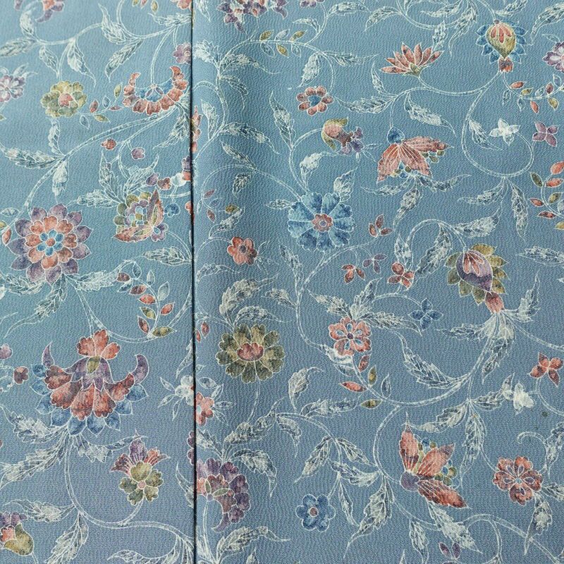 小紋 縮緬 総柄 正絹 花柄 袷仕立て 身丈156.5cm 裄丈63cm リサイクル着物 着物 くすみブルー 青・紺_画像6
