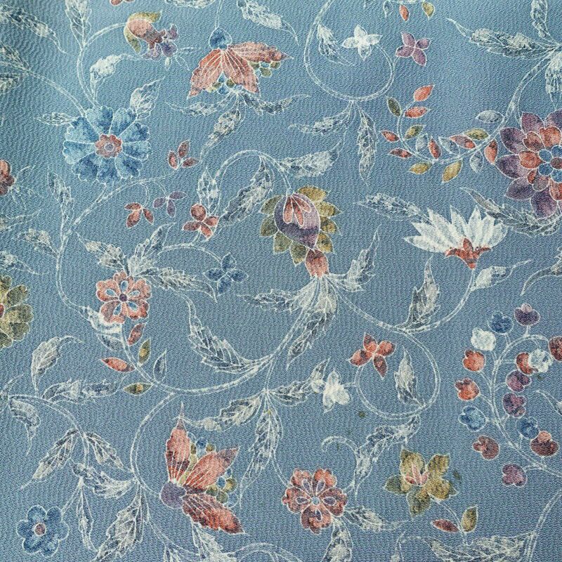 小紋 縮緬 総柄 正絹 花柄 袷仕立て 身丈156.5cm 裄丈63cm リサイクル着物 着物 くすみブルー 青・紺_画像7