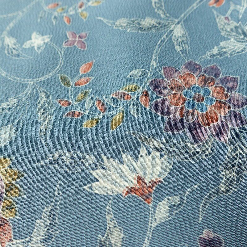 小紋 縮緬 総柄 正絹 花柄 袷仕立て 身丈156.5cm 裄丈63cm リサイクル着物 着物 くすみブルー 青・紺_画像8