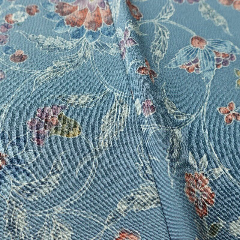 小紋 縮緬 総柄 正絹 花柄 袷仕立て 身丈156.5cm 裄丈63cm リサイクル着物 着物 くすみブルー 青・紺_画像9
