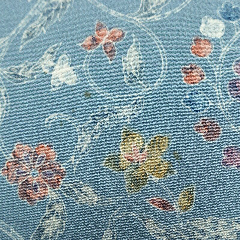 小紋 縮緬 総柄 正絹 花柄 袷仕立て 身丈156.5cm 裄丈63cm リサイクル着物 着物 くすみブルー 青・紺_画像10