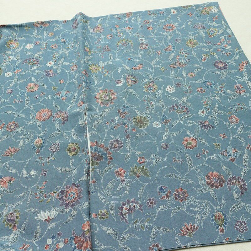 小紋 縮緬 総柄 正絹 花柄 袷仕立て 身丈156.5cm 裄丈63cm リサイクル着物 着物 くすみブルー 青・紺_画像12
