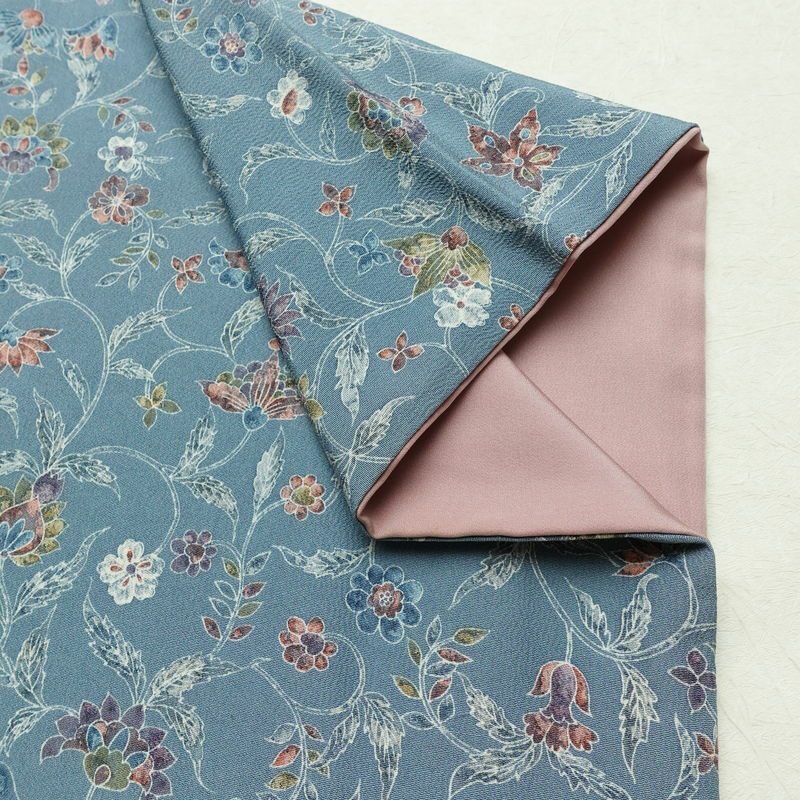 小紋 縮緬 総柄 正絹 花柄 袷仕立て 身丈156.5cm 裄丈63cm リサイクル着物 着物 くすみブルー 青・紺_画像13