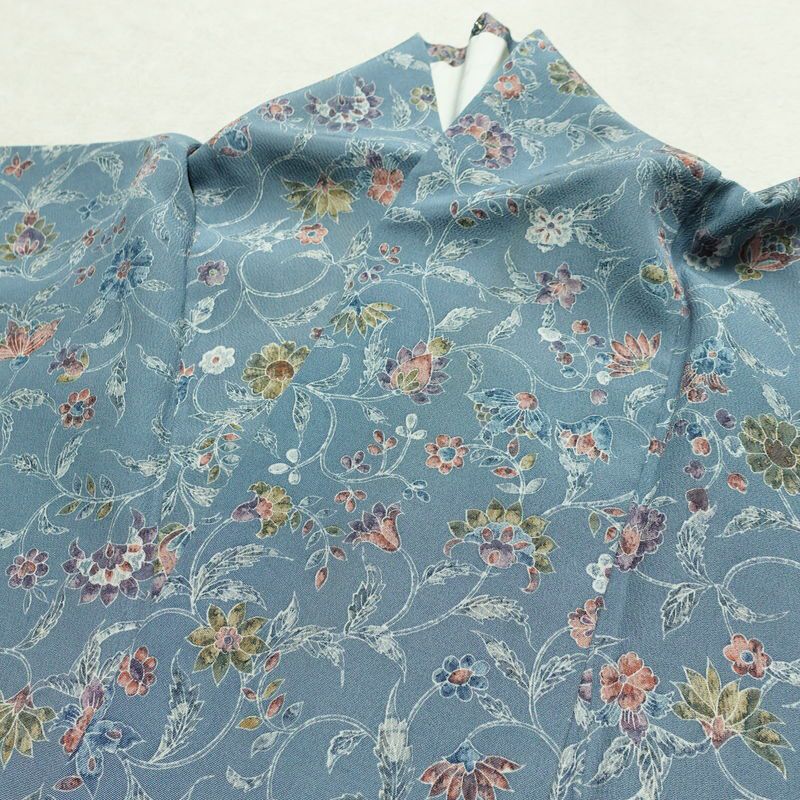 小紋 縮緬 総柄 正絹 花柄 袷仕立て 身丈156.5cm 裄丈63cm リサイクル着物 着物 くすみブルー 青・紺_画像15