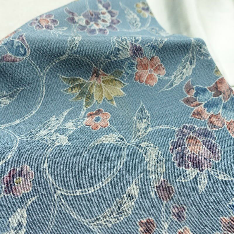 小紋 縮緬 総柄 正絹 花柄 袷仕立て 身丈156.5cm 裄丈63cm リサイクル着物 着物 くすみブルー 青・紺_画像17