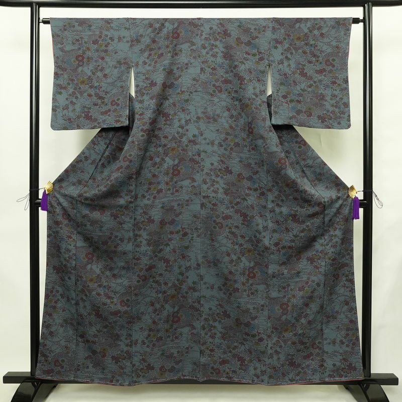 小紋 良品 しつけ糸付き 正絹 花柄 袷仕立て 身丈158.5cm 裄丈63.5cm リサイクル着物 着物 青・紺_画像1
