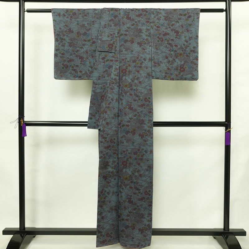 小紋 良品 しつけ糸付き 正絹 花柄 袷仕立て 身丈158.5cm 裄丈63.5cm リサイクル着物 着物 青・紺_画像2