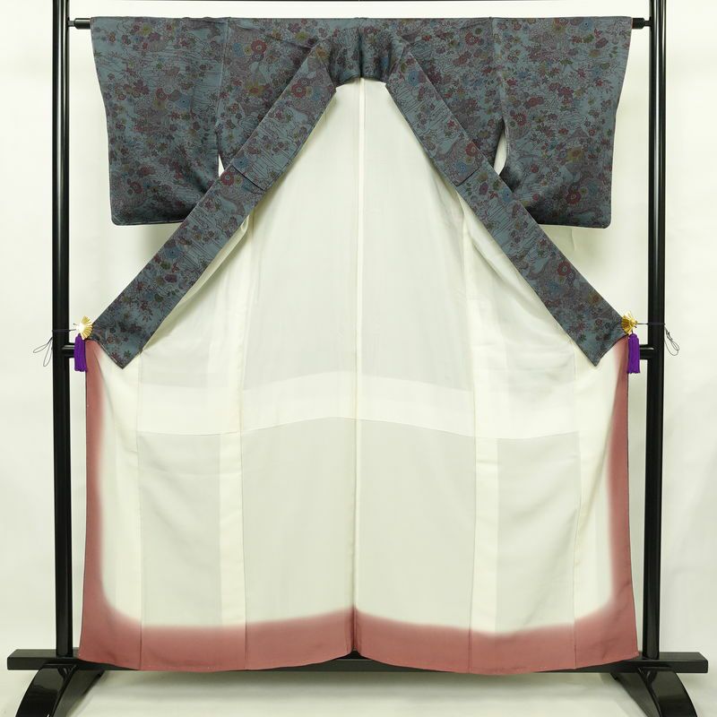 小紋 良品 しつけ糸付き 正絹 花柄 袷仕立て 身丈158.5cm 裄丈63.5cm リサイクル着物 着物 青・紺_画像3