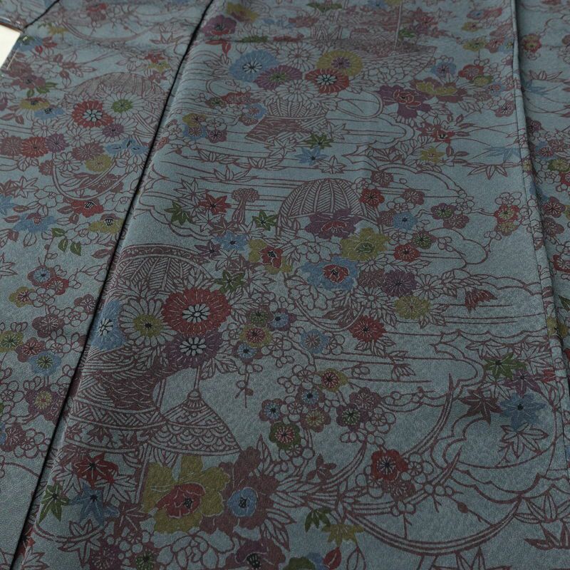 小紋 良品 しつけ糸付き 正絹 花柄 袷仕立て 身丈158.5cm 裄丈63.5cm リサイクル着物 着物 青・紺_画像5