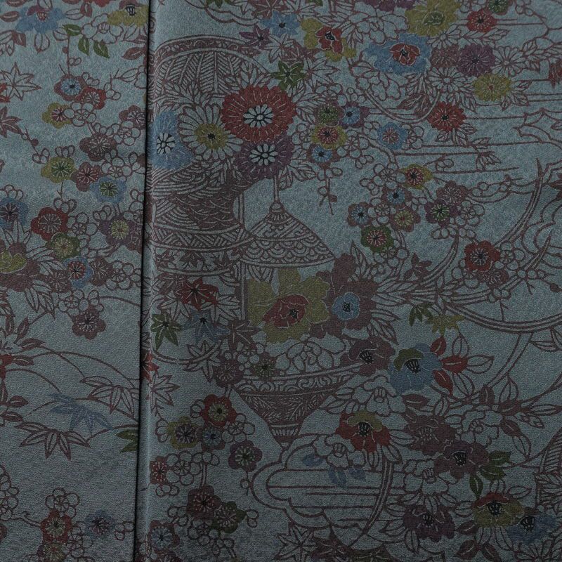 小紋 良品 しつけ糸付き 正絹 花柄 袷仕立て 身丈158.5cm 裄丈63.5cm リサイクル着物 着物 青・紺_画像6