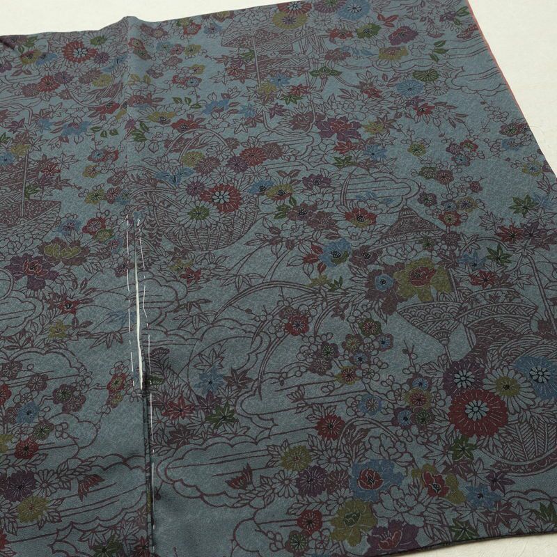 小紋 良品 しつけ糸付き 正絹 花柄 袷仕立て 身丈158.5cm 裄丈63.5cm リサイクル着物 着物 青・紺_画像15