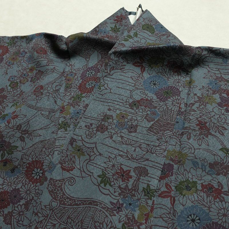 小紋 良品 しつけ糸付き 正絹 花柄 袷仕立て 身丈158.5cm 裄丈63.5cm リサイクル着物 着物 青・紺_画像18