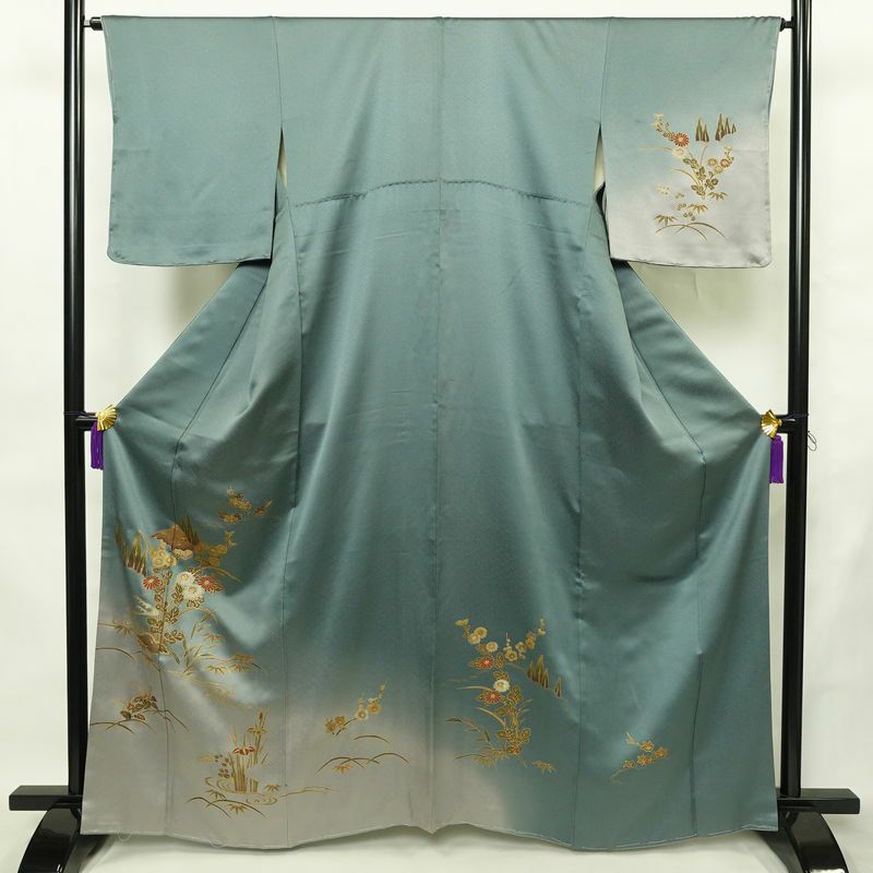 訪問着 しつけ糸付き 正絹 木の葉・植物柄 袷仕立て 身丈163.5cm 裄丈65cm リサイクル着物 着物 箔 金彩 入学式 卒業式 七五三 お宮参り フォーマル 四季花 緑・うぐいす色_画像1