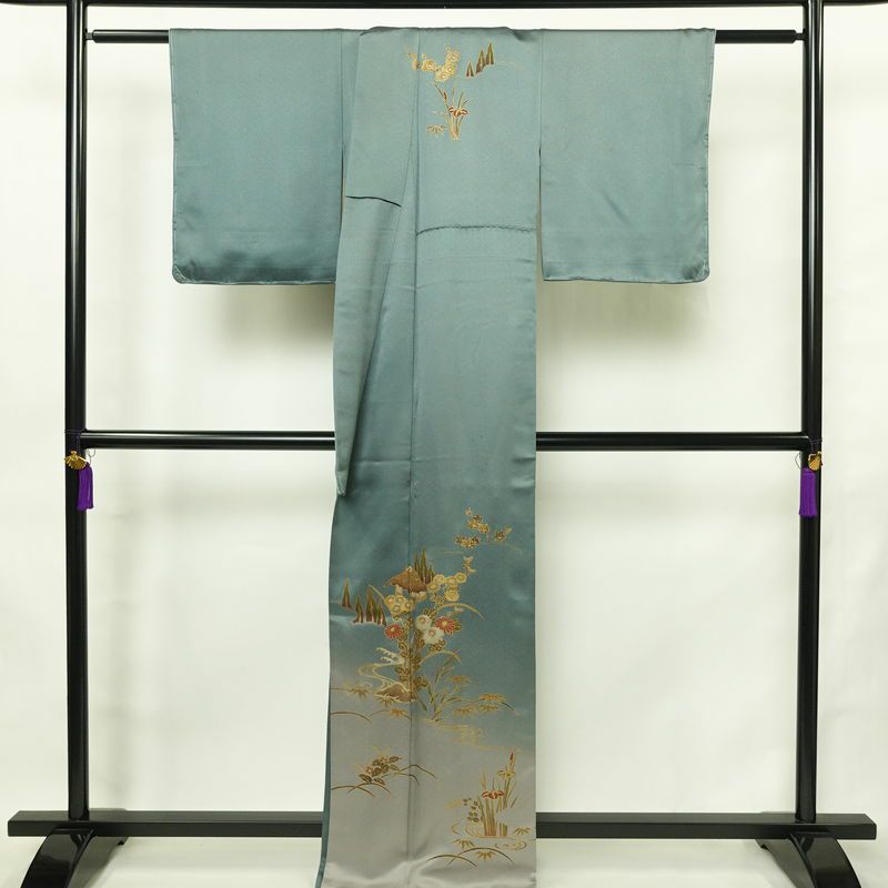 訪問着 しつけ糸付き 正絹 木の葉・植物柄 袷仕立て 身丈163.5cm 裄丈65cm リサイクル着物 着物 箔 金彩 入学式 卒業式 七五三 お宮参り フォーマル 四季花 緑・うぐいす色_画像2