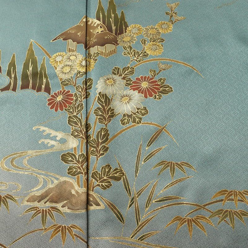 訪問着 しつけ糸付き 正絹 木の葉・植物柄 袷仕立て 身丈163.5cm 裄丈65cm リサイクル着物 着物 箔 金彩 入学式 卒業式 七五三 お宮参り フォーマル 四季花 緑・うぐいす色_画像6