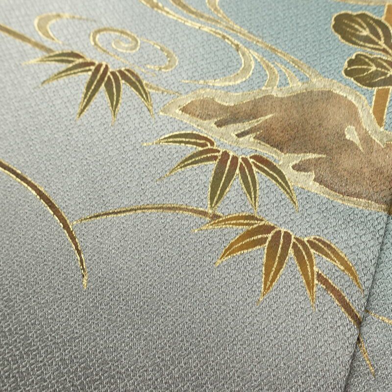 訪問着 しつけ糸付き 正絹 木の葉・植物柄 袷仕立て 身丈163.5cm 裄丈65cm リサイクル着物 着物 箔 金彩 入学式 卒業式 七五三 お宮参り フォーマル 四季花 緑・うぐいす色_画像8