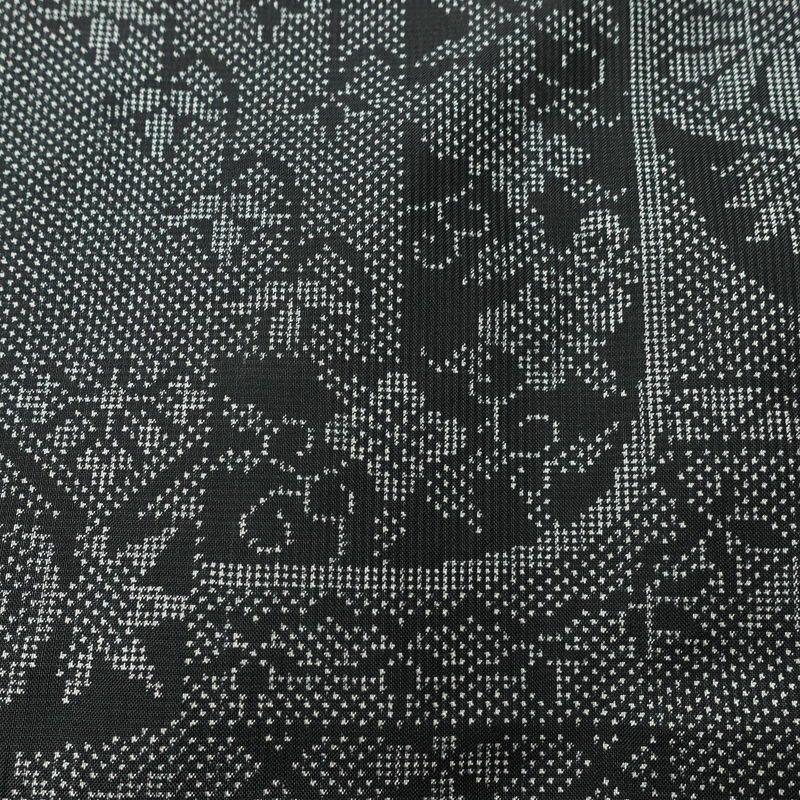 紬 正絹 木の葉・植物柄 袷仕立て 身丈155.5cm 裄丈63.5cm リサイクル着物 着物 黒_画像7