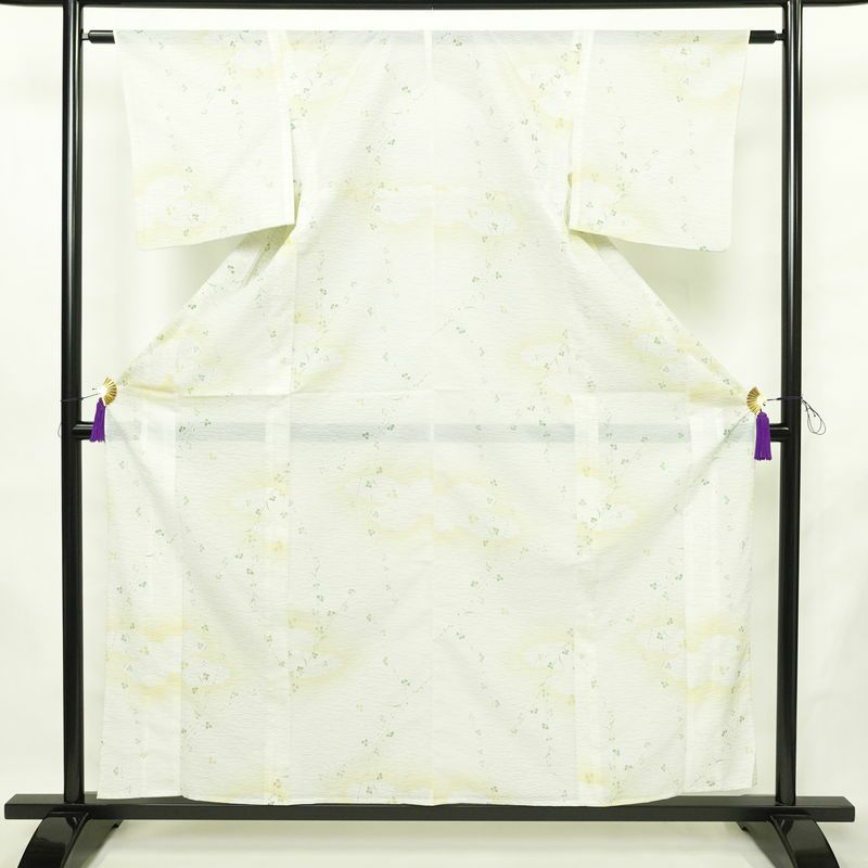 盛夏 小紋 夏用 絽 バチ衿仕立て ポリエステル 木の葉・植物柄 単衣仕立て 身丈158.5cm 裄丈61.5cm リサイクル着物 着物 白_画像1