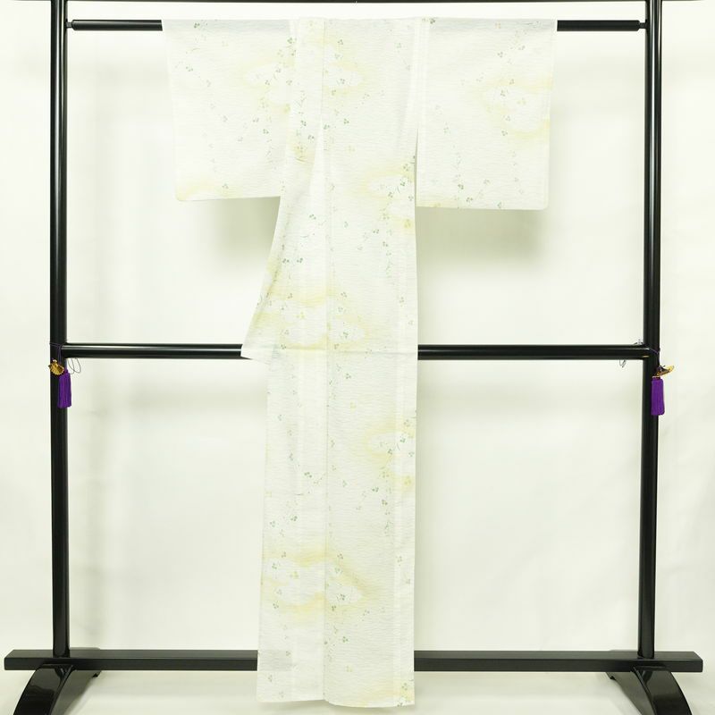 盛夏 小紋 夏用 絽 バチ衿仕立て ポリエステル 木の葉・植物柄 単衣仕立て 身丈158.5cm 裄丈61.5cm リサイクル着物 着物 白_画像2