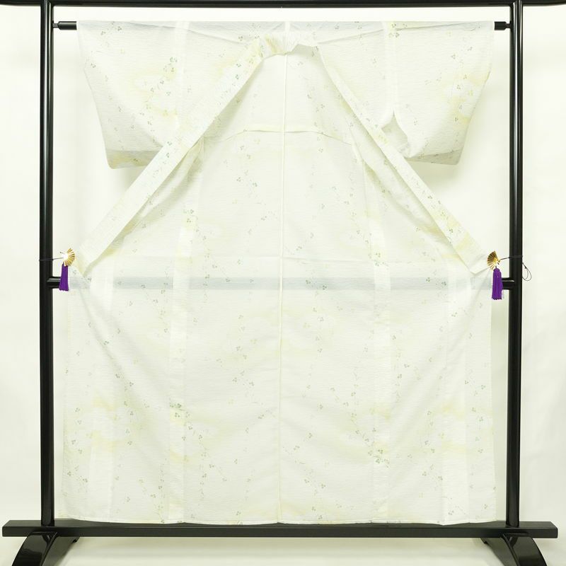 盛夏 小紋 夏用 絽 バチ衿仕立て ポリエステル 木の葉・植物柄 単衣仕立て 身丈158.5cm 裄丈61.5cm リサイクル着物 着物 白_画像3