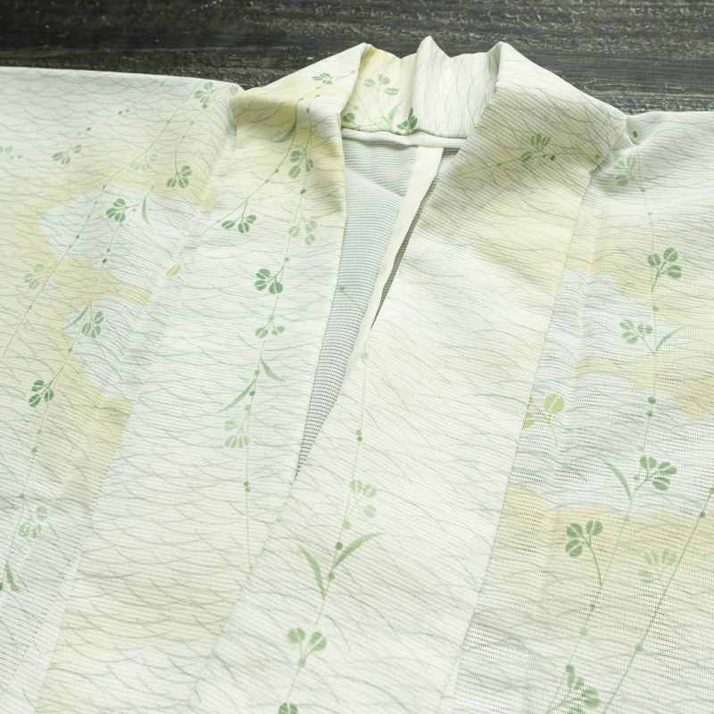 盛夏 小紋 夏用 絽 バチ衿仕立て ポリエステル 木の葉・植物柄 単衣仕立て 身丈158.5cm 裄丈61.5cm リサイクル着物 着物 白_画像19