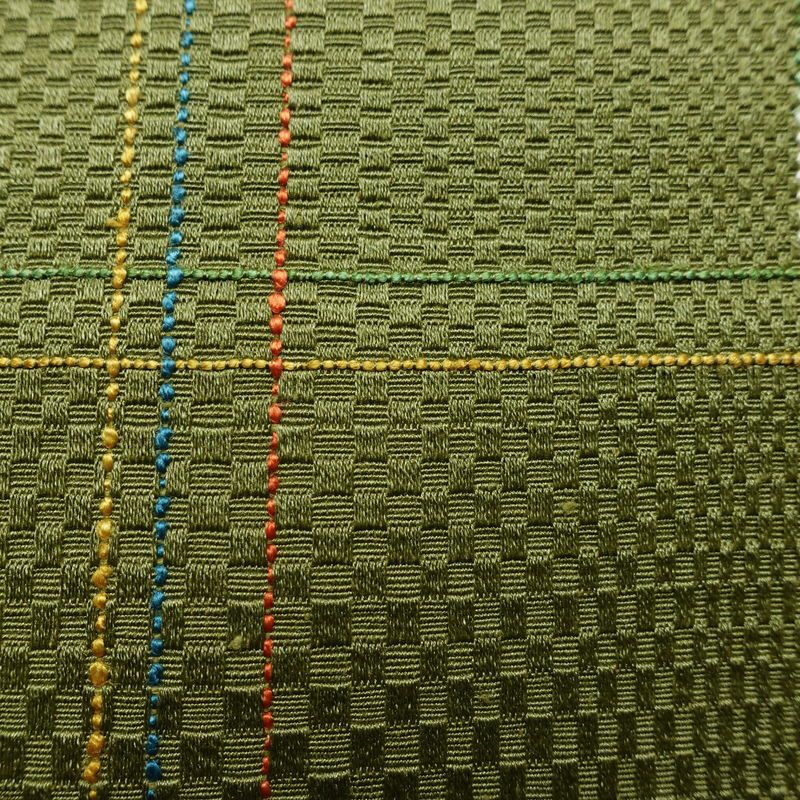 名古屋帯 全通柄 良品 正絹 チェック・格子柄 通し仕立て なごや帯 リサイクル帯 帯 モダン 緑・うぐいす色_画像4