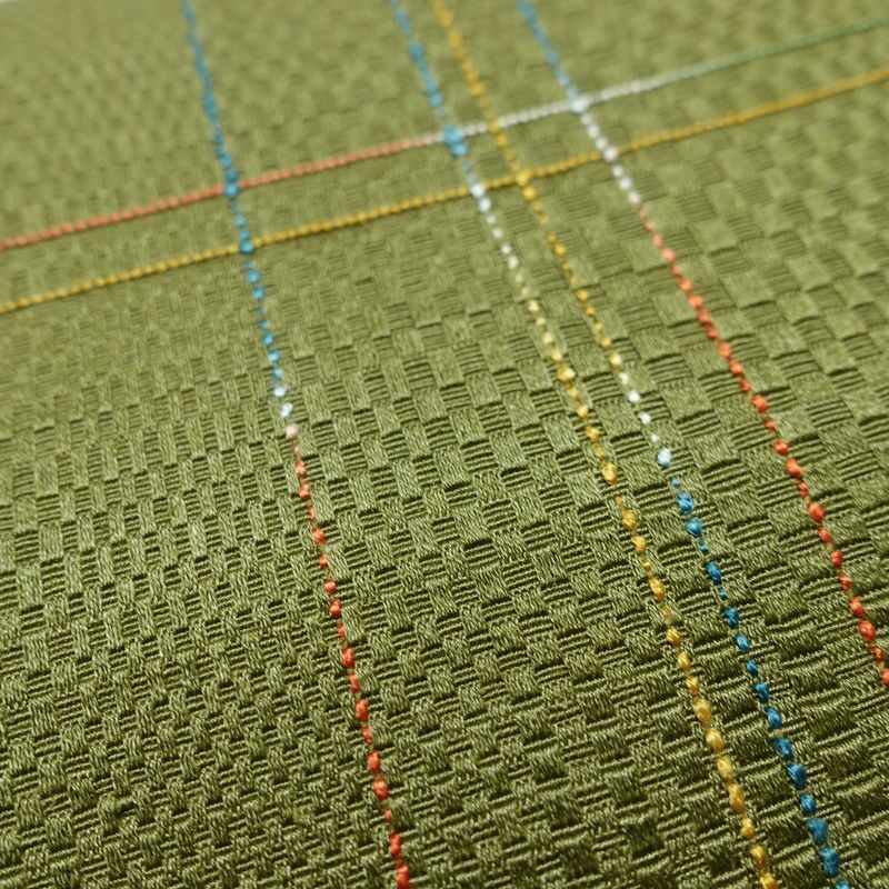 名古屋帯 全通柄 良品 正絹 チェック・格子柄 通し仕立て なごや帯 リサイクル帯 帯 モダン 緑・うぐいす色_画像5