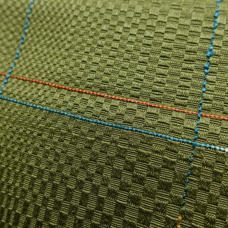 名古屋帯 全通柄 良品 正絹 チェック・格子柄 通し仕立て なごや帯 リサイクル帯 帯 モダン 緑・うぐいす色_画像6