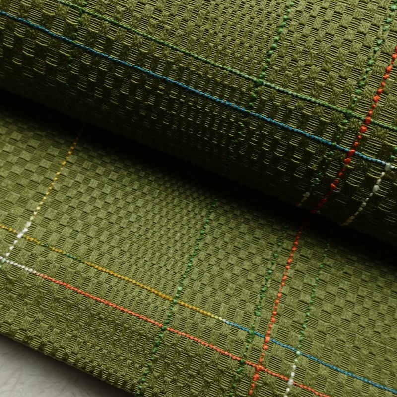 名古屋帯 全通柄 良品 正絹 チェック・格子柄 通し仕立て なごや帯 リサイクル帯 帯 モダン 緑・うぐいす色_画像7