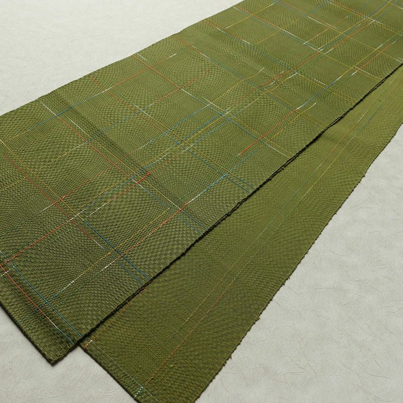 名古屋帯 全通柄 良品 正絹 チェック・格子柄 通し仕立て なごや帯 リサイクル帯 帯 モダン 緑・うぐいす色_画像8